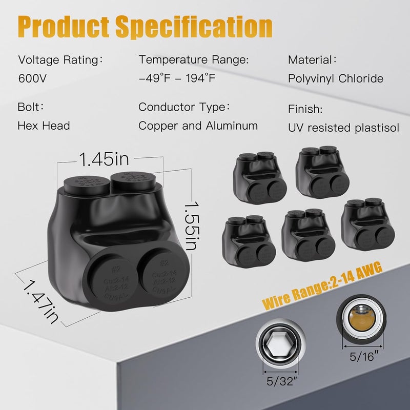 STARELO 6PCS 2 Port Insulated Connector, Single-Sided Splice, Multi Tap Cable Connector for Copper and Aluminum Wires, Slotted Hex, Black Vinyl Coated, Pre-Filled Oxide Inhibitor (2-14 AWG) - Image 2
